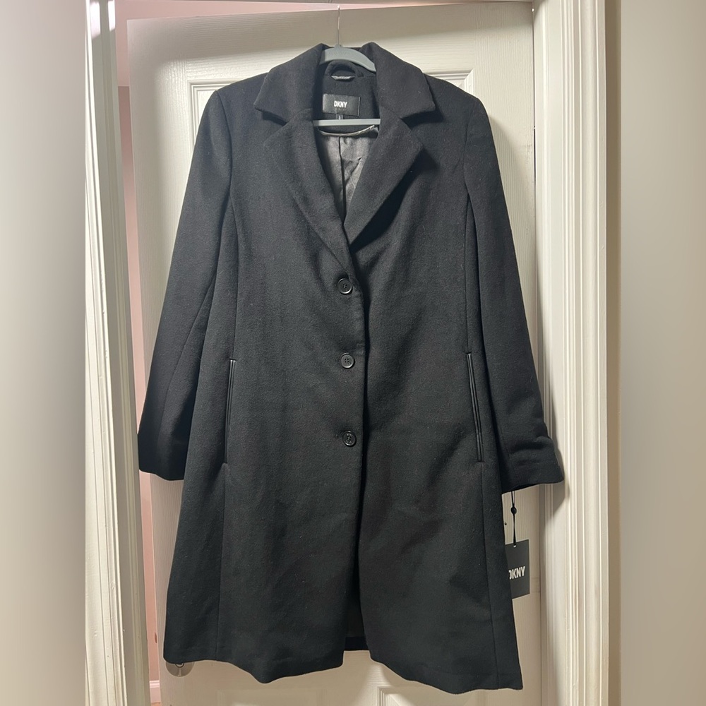 DKNY Women's Nothched Collar Wool Walker Trench Coat Size L Long Sleeve DL2MW491
